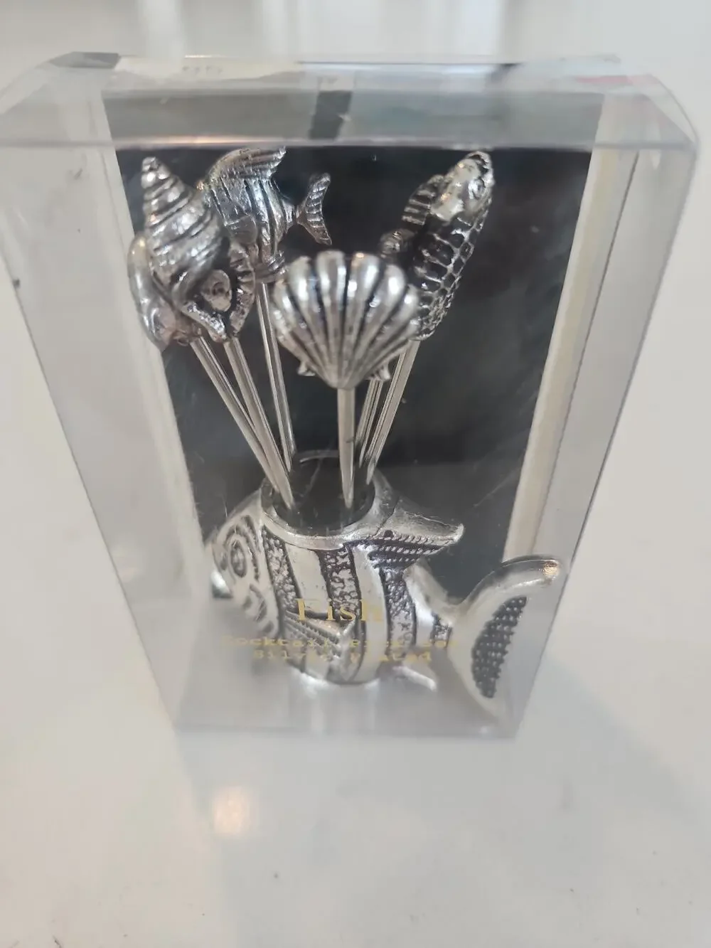 Spain Silver Plated Cocktail Appetizer Hors D' Oeuvre Fish Holder & 6 Mini Forks